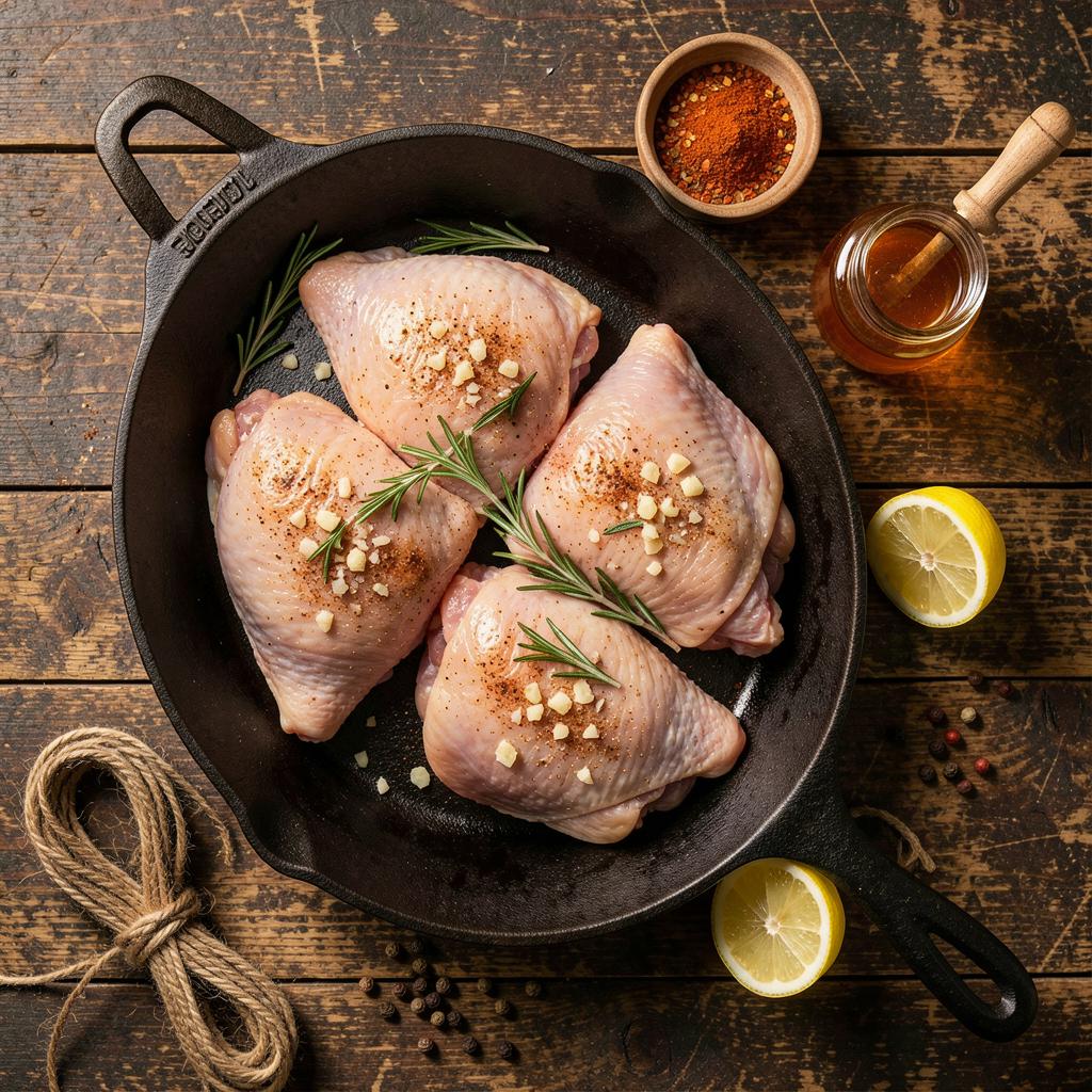 Garlic, rosemary and spices on a wooden board — the ingredients behind Wrights cooking