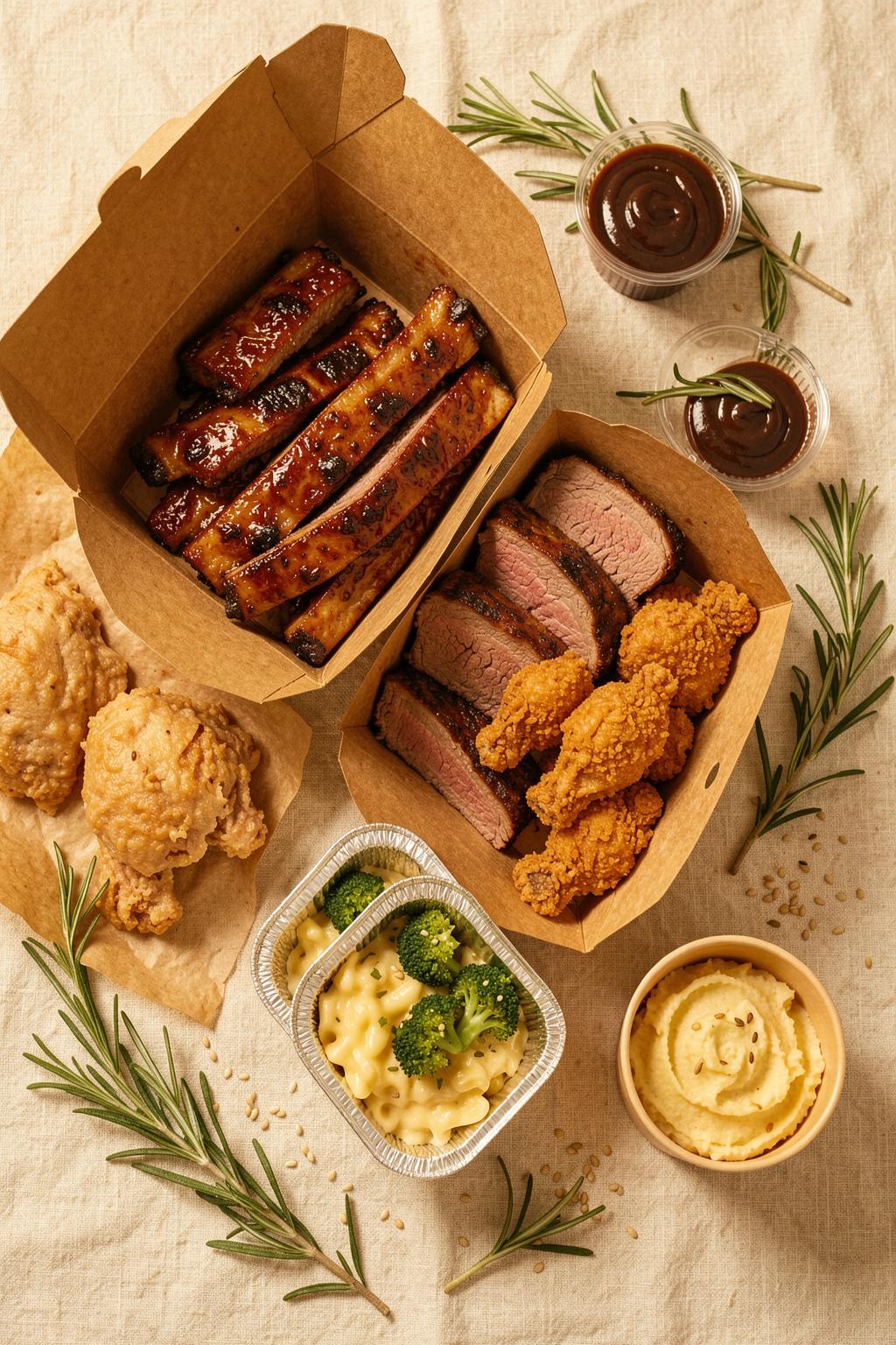 A Wrights barbecue takeout spread — ribs, brisket, chicken and fixins in boxes